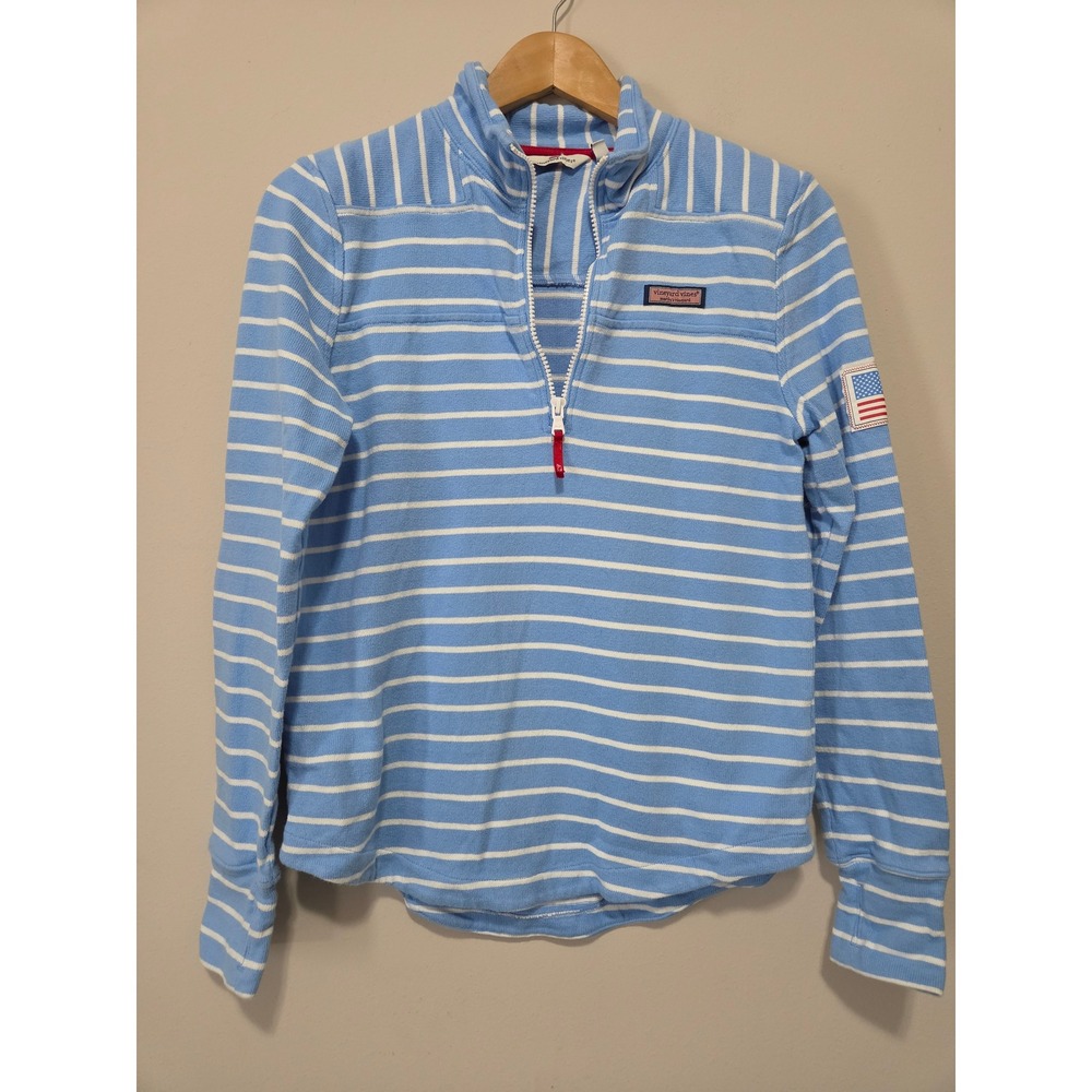 Vineyard Vines Womens Blue White Striped 1/4 Zip Cotton Pullover American Flag S